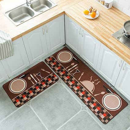 BEESCLOVER 2PCS/Set Simple Cartoon Printed Non Slip Floor Mat Carpet for Kitchen Door 50X80+50X120cm Set Plate Fork