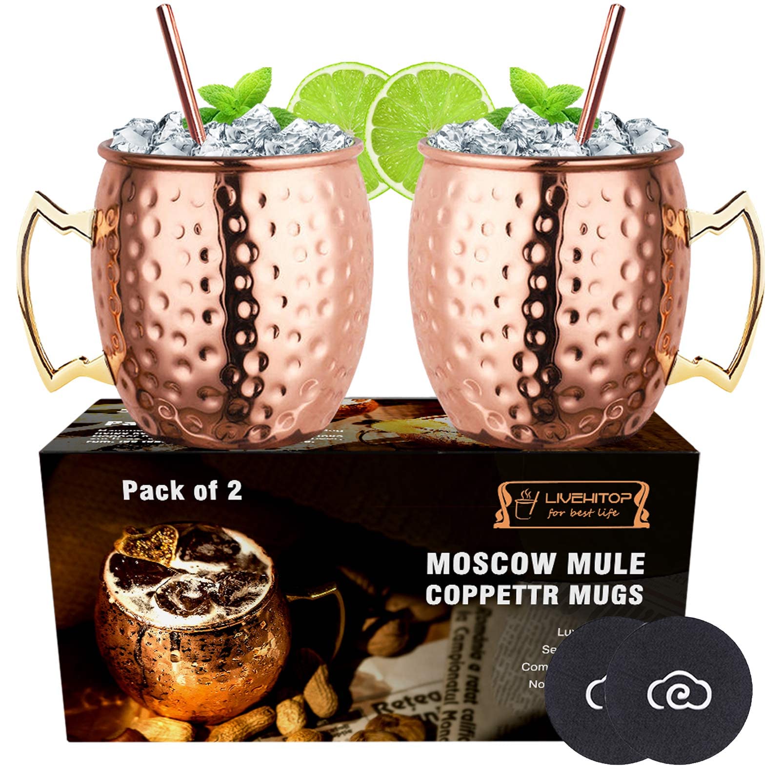 LIVEHITOP Moscow Mule Copper Mugs Set of 2 PC,18 Oz Copper Cup with Coasters for Cocktail, Wine, Beer, Cold Drink, Home, Bar, Party, Gifts (Pack of 2)