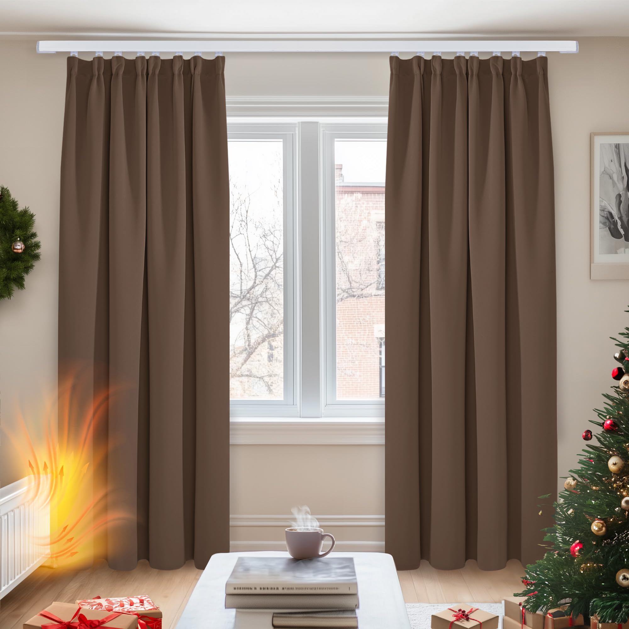 Deconovo Bedroom Pencil Pleat Curtains Thermal Insulated Blackout Curtains for Kitchen Brown W55 x L79 Inch Pair
