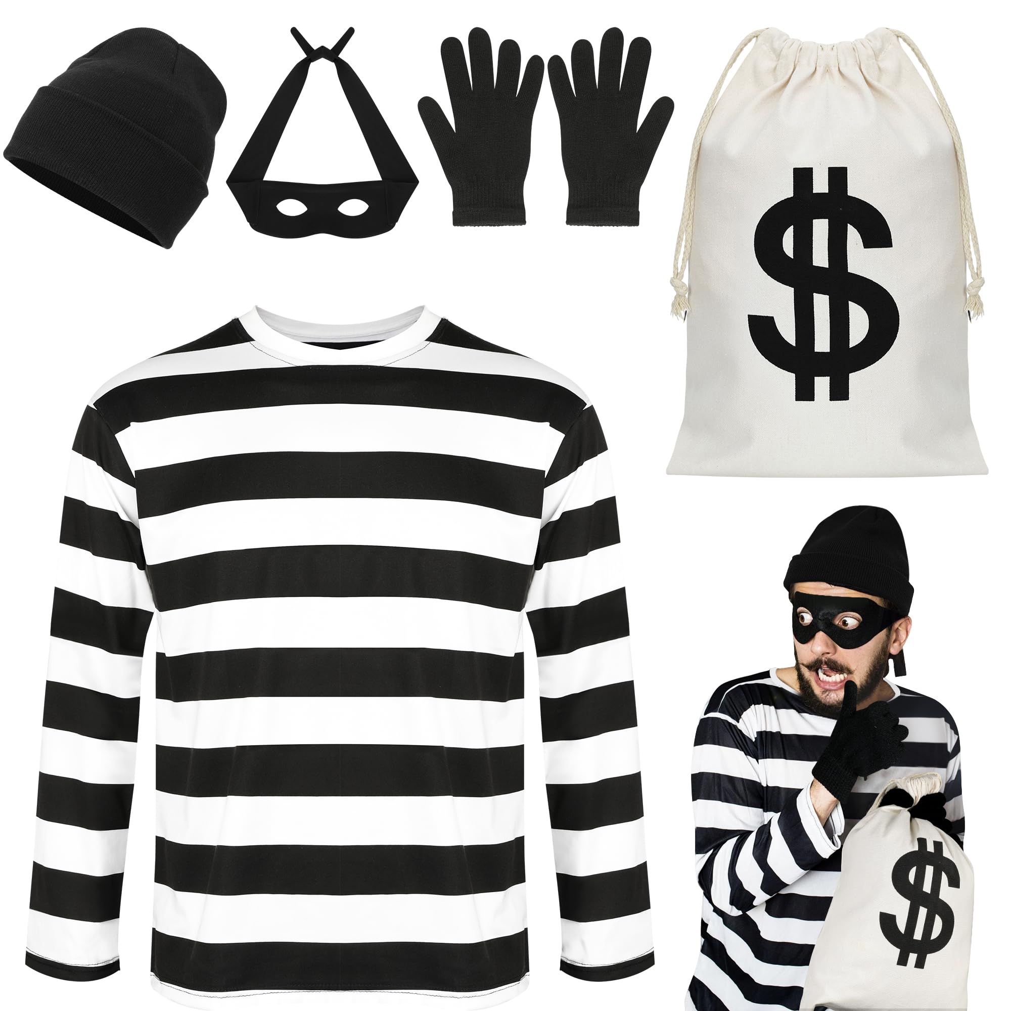 Photo 1 of L   QZYL Robber Costume Set, L Unisex Thief Cosplay T Shirt Beanie Cap Gloves Eye Masks Money Bags for Halloween