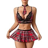 OYOANGLE Women's Babydoll Costume 4 Piece Plaid Lingerie Set Lace Plunge Bra Ruffle Skirt Thong with Choker