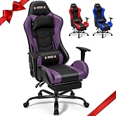 ECOTOUGE Violet Ergonomic PC Massage Gaming Chair with Footrest | Reclining Racing PU Leather, Swivel Rocker, Headrest, Lumbar Pillow, Office Desk Chair, Adjustable Height, Sturdy Base