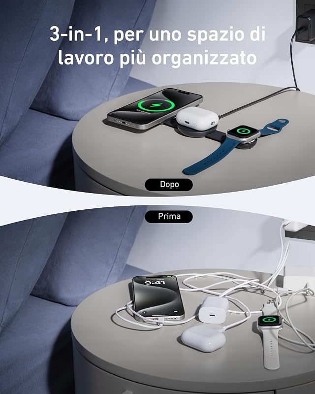 MagGo Caricatore Wireless iPhone 3 in 1 15W, Certificato Qi2