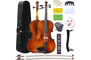FDT&ENJOY 4/4 Acoustic Violin for Beginners, Full Size Solidwood Fiddle Set for Kids and Adults with Hard Case, 2 Bows, Extra Strings, Shoulder Rest, Rosin, Clip-on Tuner, Fingerboard Stickers, and Mute.
