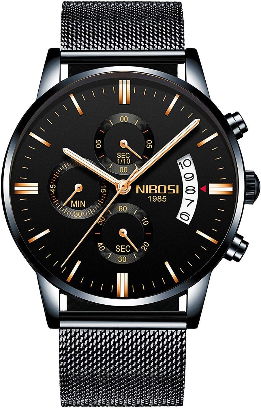 NIBOSI Men's Chronograph Quartz Watches Waterproof with Stainless Steel Band Black Dial