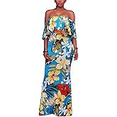 Suimiki Vintage Ruffle Plain Floral Printed Off Shoulder Bodycon Long Party Maxi Dress Blue Small