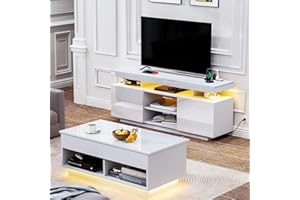 HOMMPA LED Lift Top Coffee Table and TV Stand Set of 2,Modern LED Entertainment Center with Power Outlets for up to 65" TV, Coffee Table with Hidden Compartment & 2 Open Shelve White