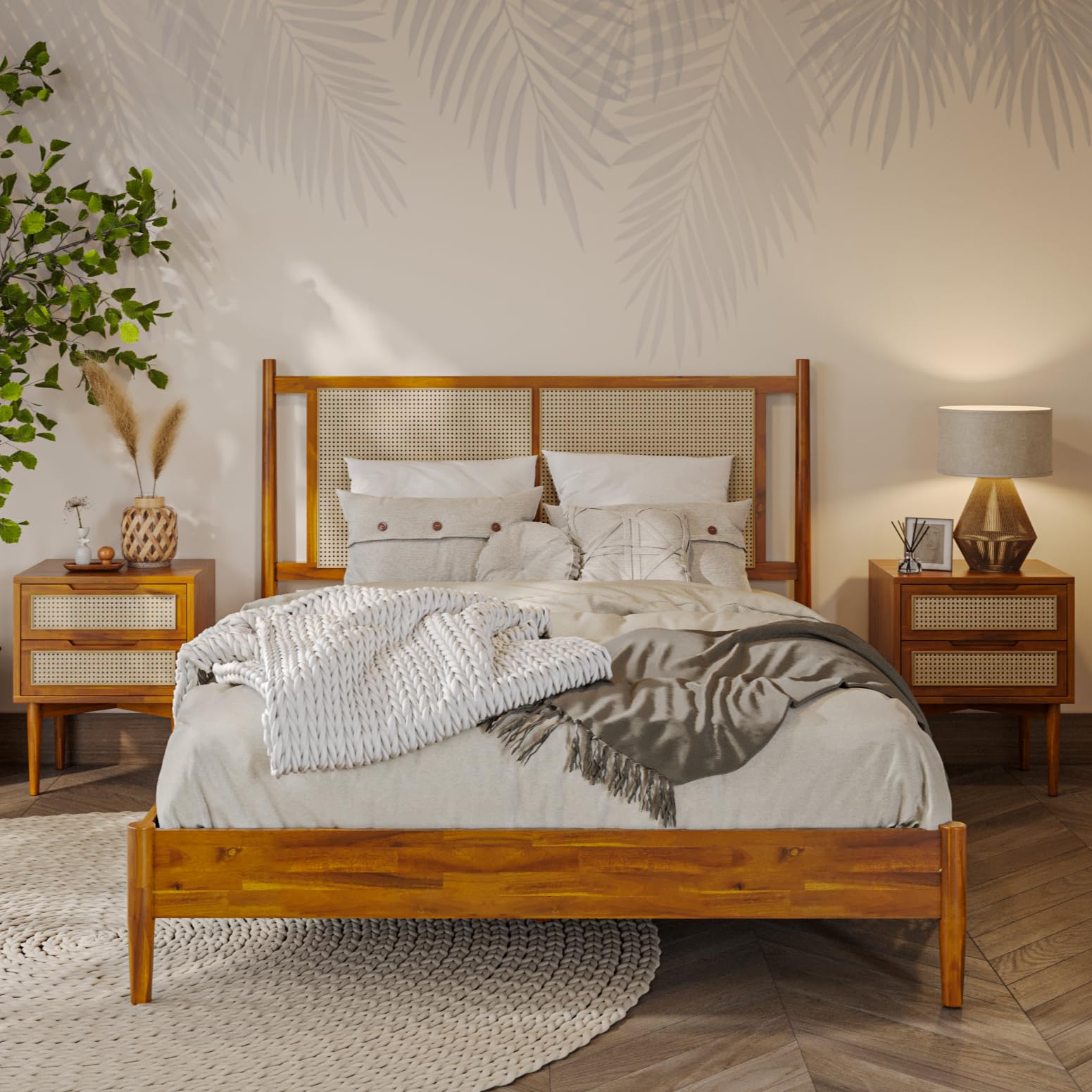 Photo 1 of ** missing instructions**
Bme Oliver Headboard Queen Size Bed Frame - 15-Inch Signature Design with Rattan Headboard, Bohemian and Mid Century Style, 12-Slat Wood Support, No Box Spring Needed - Easy Assembly, Caramel