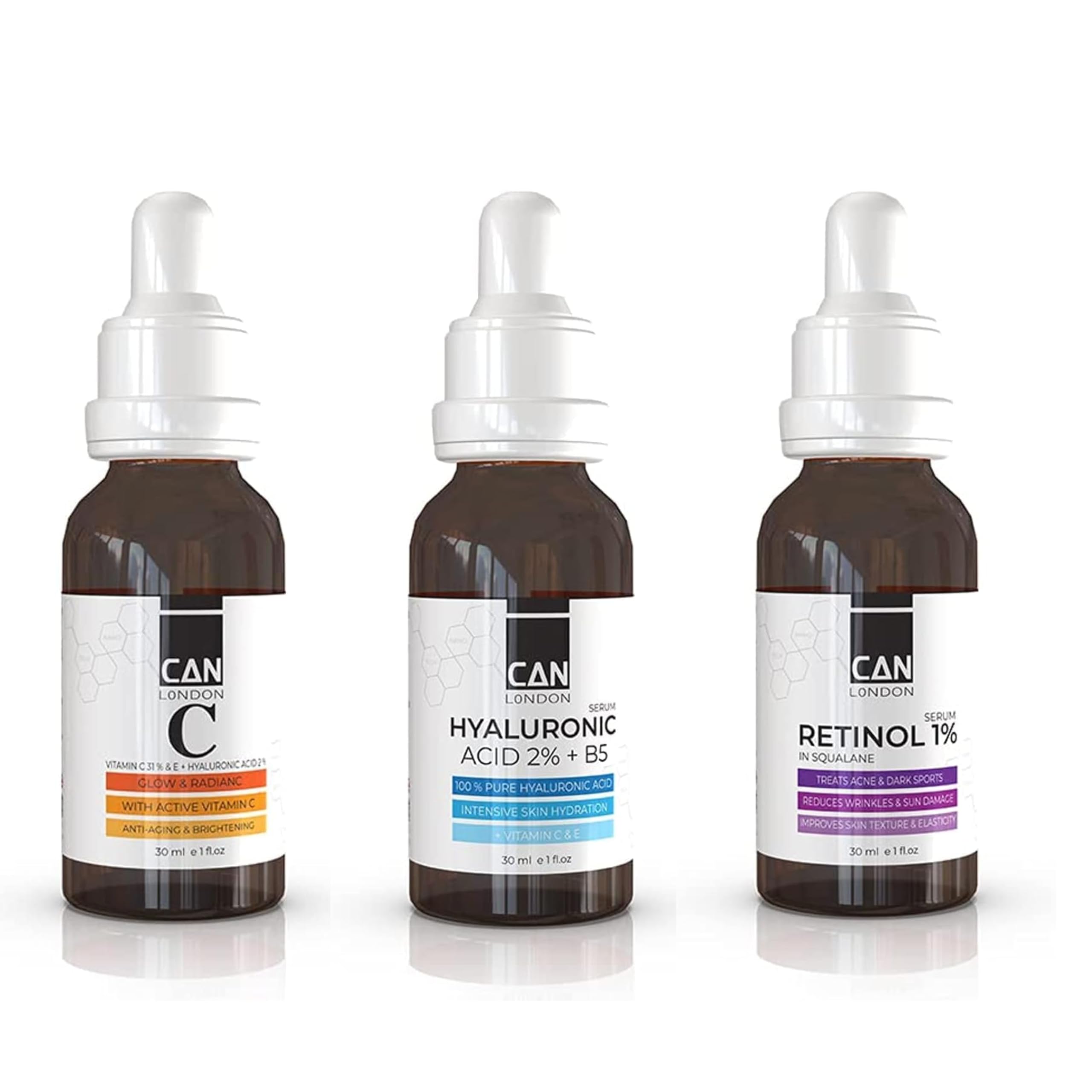 ican London Anti Aging & Wrinkle Facial Serum Trio Pack Vitamin C + Retinol 1% + Hyaluronic Acid 30ml x 3