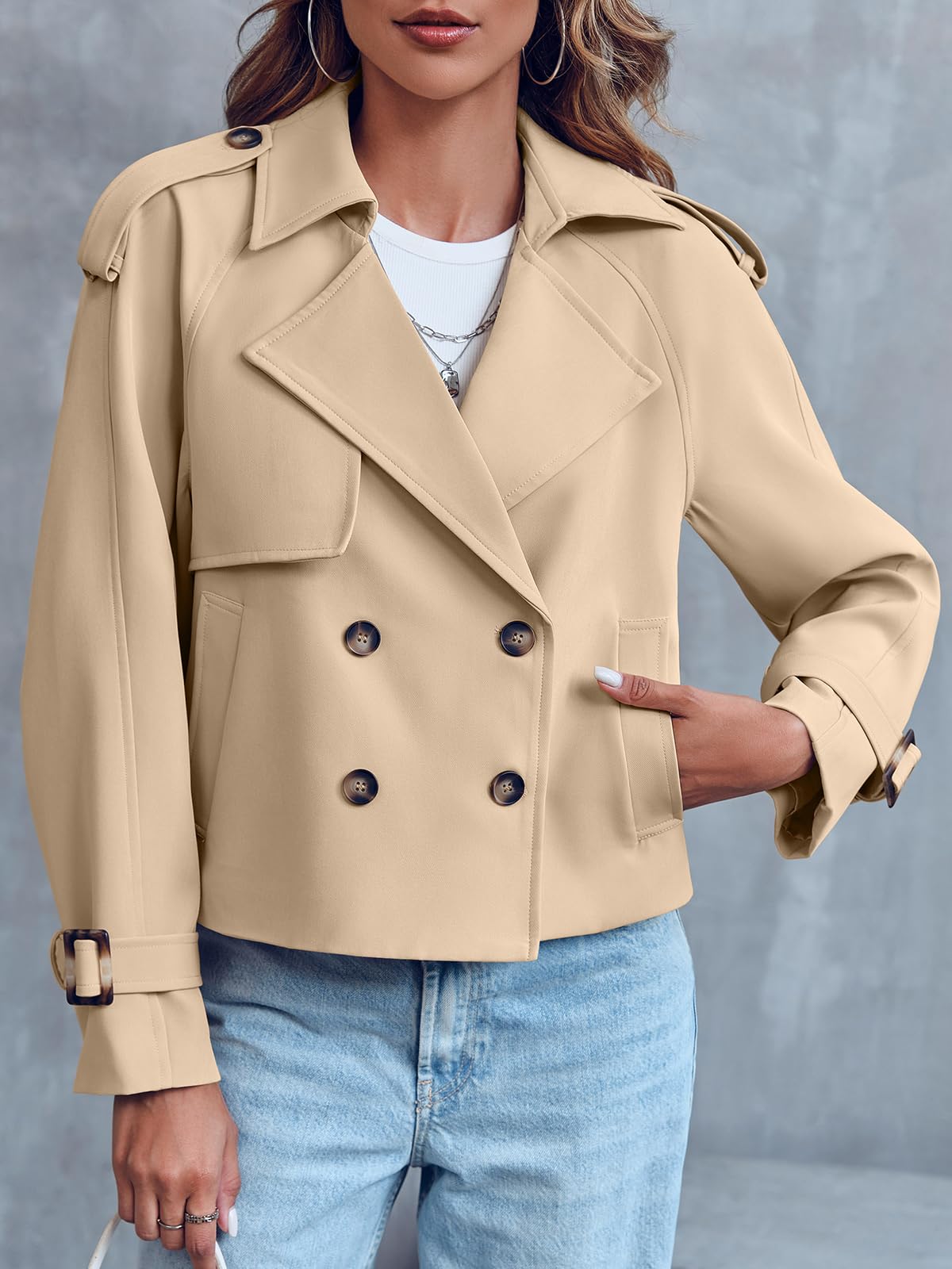 Saodimallsu Women Crop Double Breasted Trench Coat Raglan Sleeve Work Office Cropped Jacket With Pockets