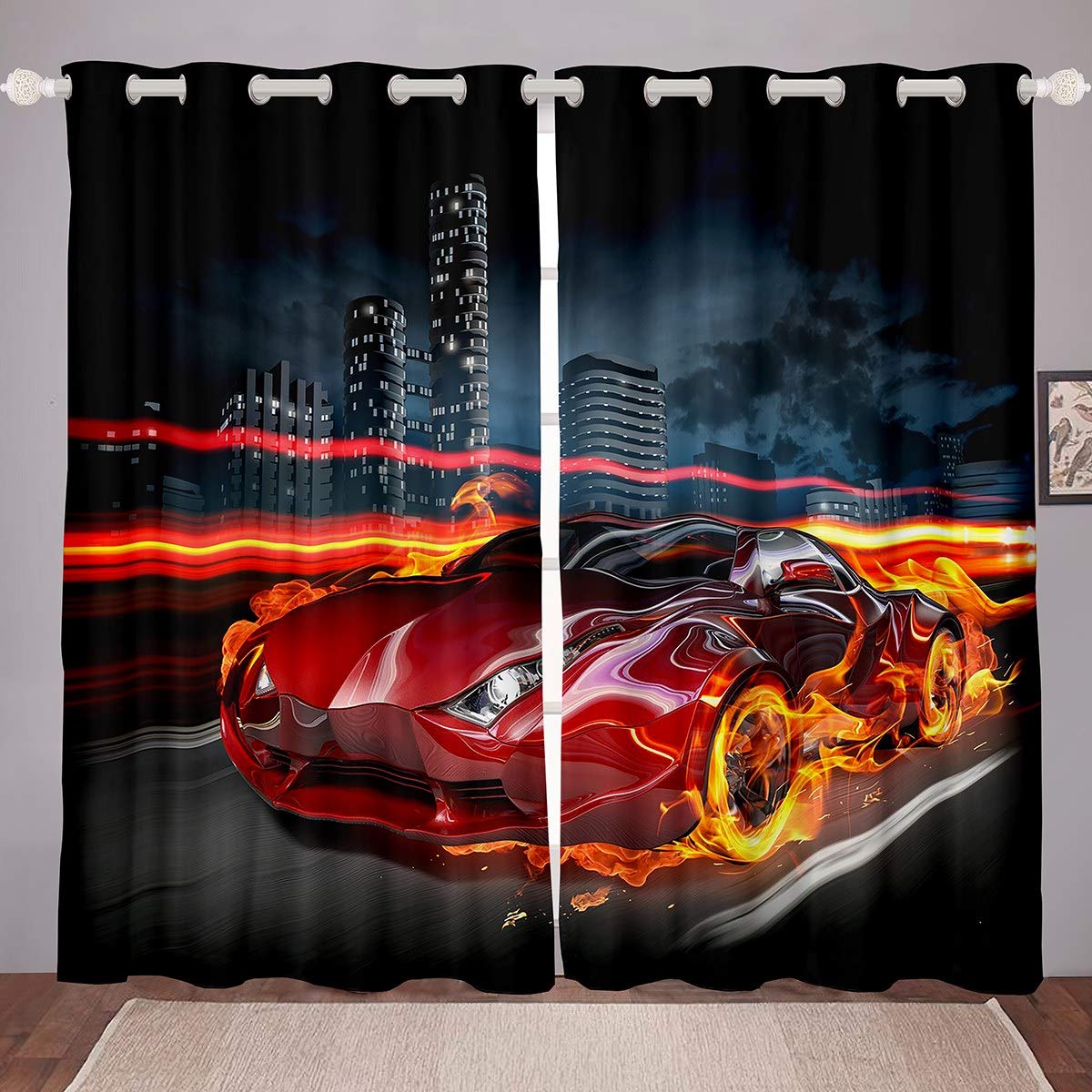 Loussiesd Car Curtain 3D Red Sports Car Curtain for Bedroom Speed Racing Car Room Curtain for Kids Boys Cool Automobile Style Drapes,W46*L54