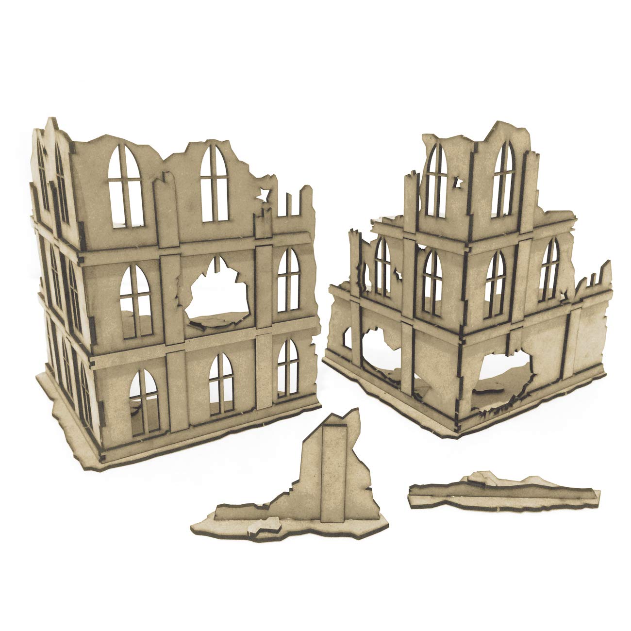 PWORK WARGAMES Urban Ruins 02 - ruined city scenery set for miniatures in scale 28mm / 35mm - tabletop miniatures wargame 3D scenery terrain - MDF 3mm