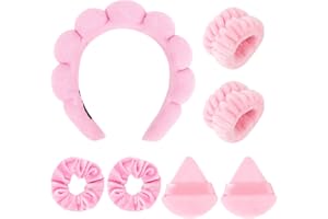 Araluky 7Pcs Puffy Spa Headband and Wristband Set Skincare Headband for Washing Face Scrunchies Powder Puffs Sponge Spa Makeup Headband Puffy Headband Terry Cloth Headband for Mask Makeup Removal-Pink