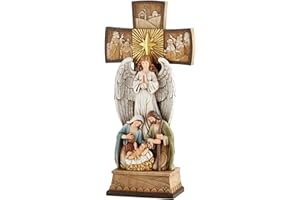 CHRISTIAN BRANDS Avalon Gallery Christmas Figurines - Joseph Mary with Jesus and Angel Standing Cross Centerpiece Figurine, 14-Inch, Nativity Cross