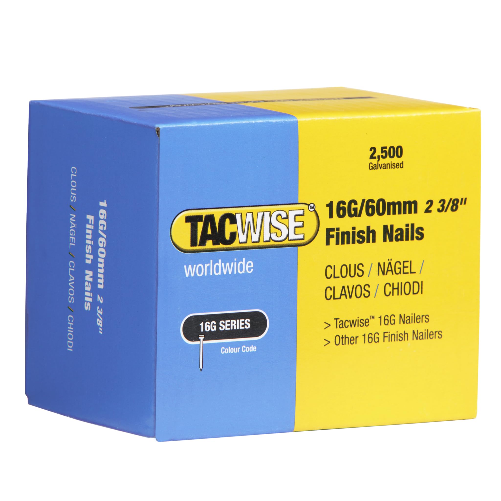 Tacwise 0300 Type 16G / 60 mm Galvanised Finish Nails, Pack of 2500