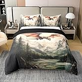 Dragon 100% Cotton Bedding Set Queen Size Mountain Landscape Duvet Cover Magical Flying Wildlife Comforter Cover Western Fantasy Animal Bedspread Cover with 2 Pillowcases(Not Comforter)