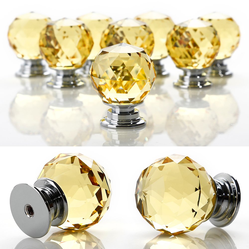 Crystal Door Knobs, 8 X 30MM Crystal Glass Diamond Cut Door Knobs Kitchen Cabinet Drawer Knobs with Screw for Home Decorating, Yellow