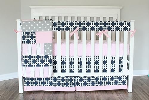 navy and pink crib bedding