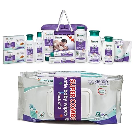 Himalaya Gift Pack & Himalaya Gentle Baby Wipes (72 Count, Pack of 3)
