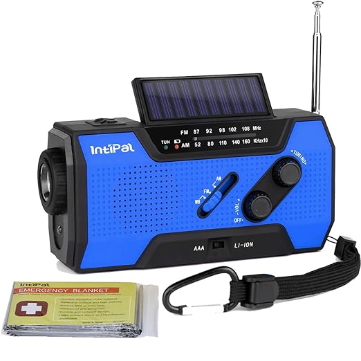 IntiPal Multifunktion Solar Dynamo Kurbel Radio mit 2000mAh Power Bank Taschenlampe Leselampe Alarm Rettungsdecke (Blau)