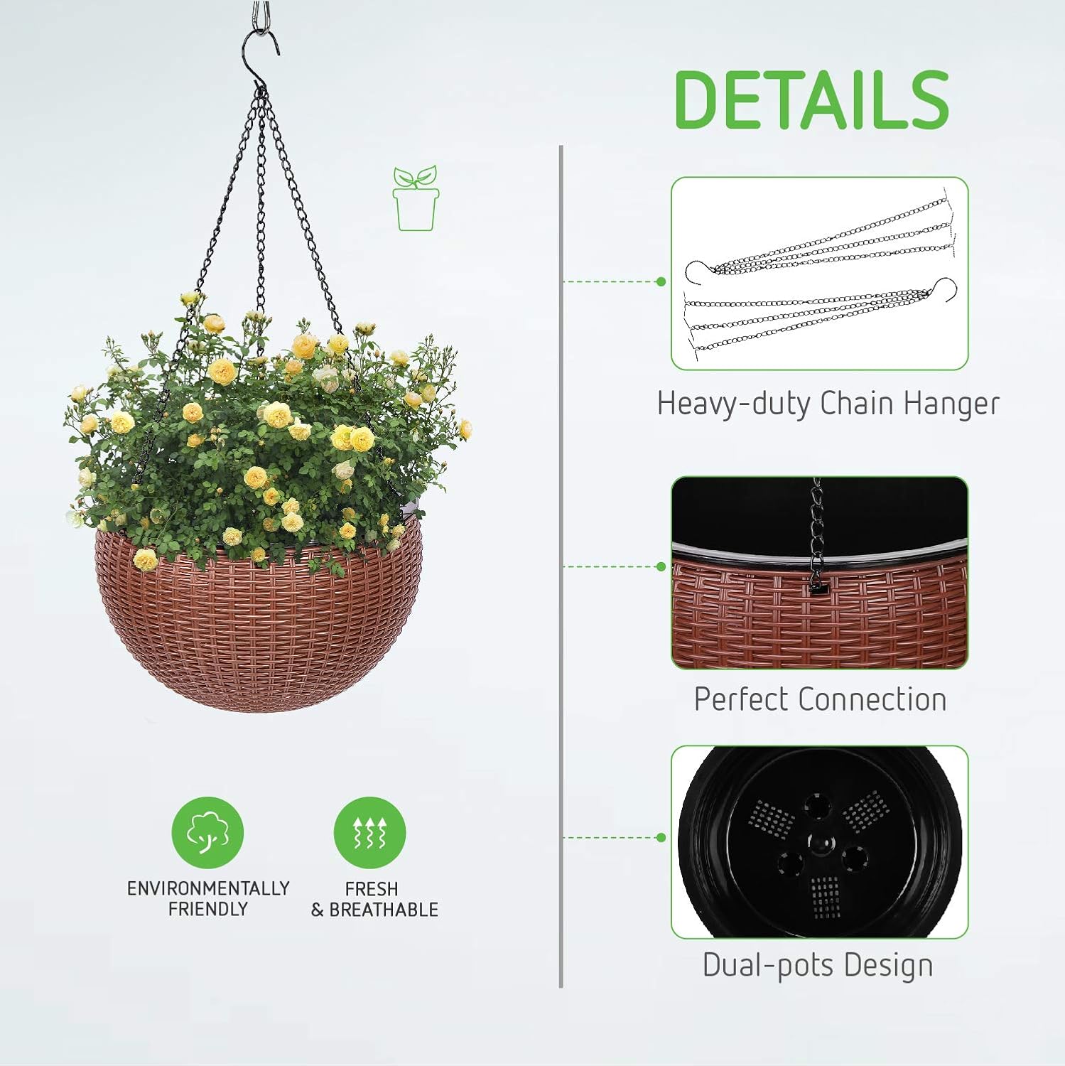 VIVOSUN 2 Pieces (8.3" & 10.2") Hanging Planter Self Watering Hanging Basket Flower Plant Pot Brown: Kitchen & Dining