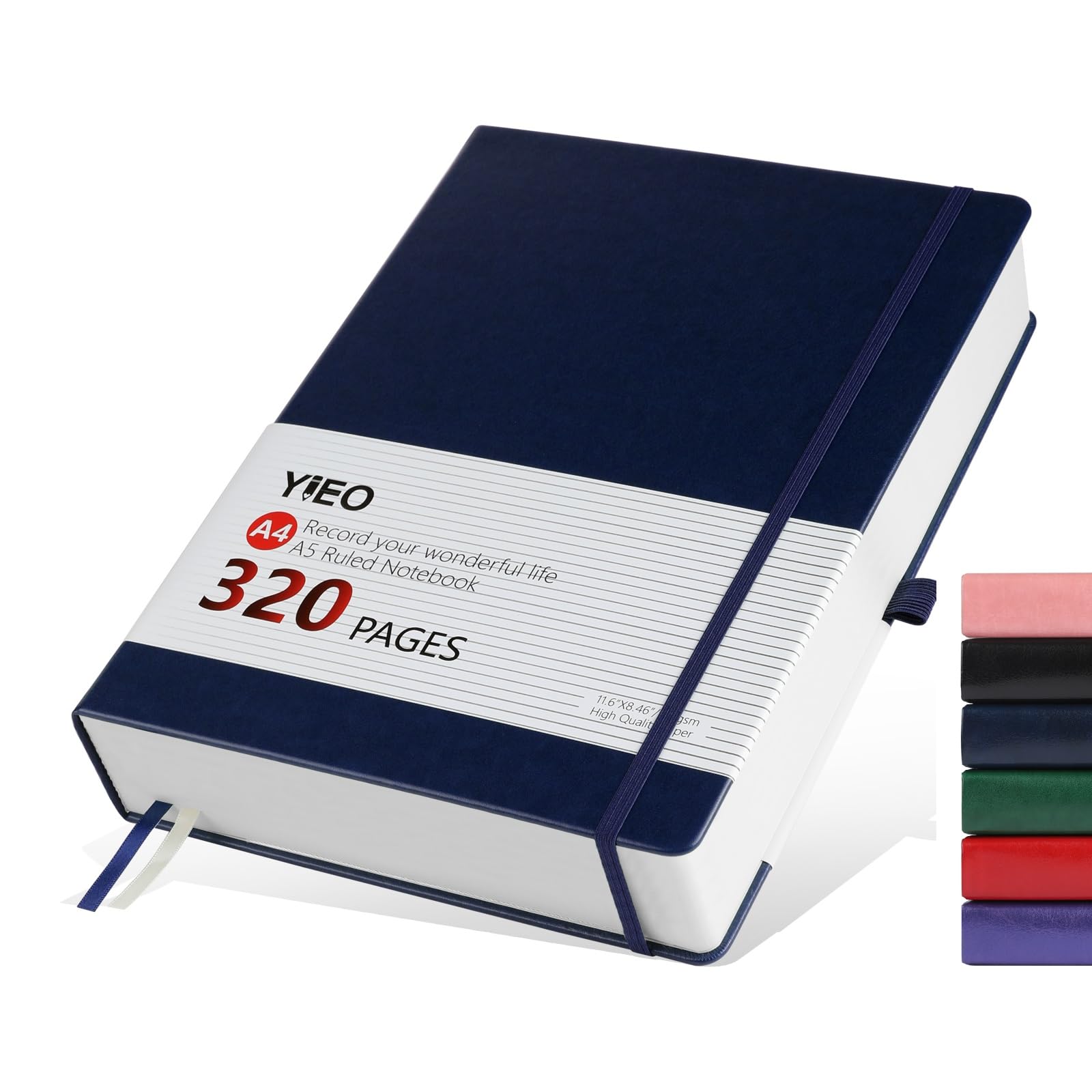 Notebook A4, Thick A4 Notebook Hardback Journal Notebook 320 Pages 100GSM A4 Lined Note Book, Extra Large Hardcover Notepad with Inner Pocket, Pen Loop, and 2 Ribbon Page Marker, 21.5 x 27.9cm-Blue