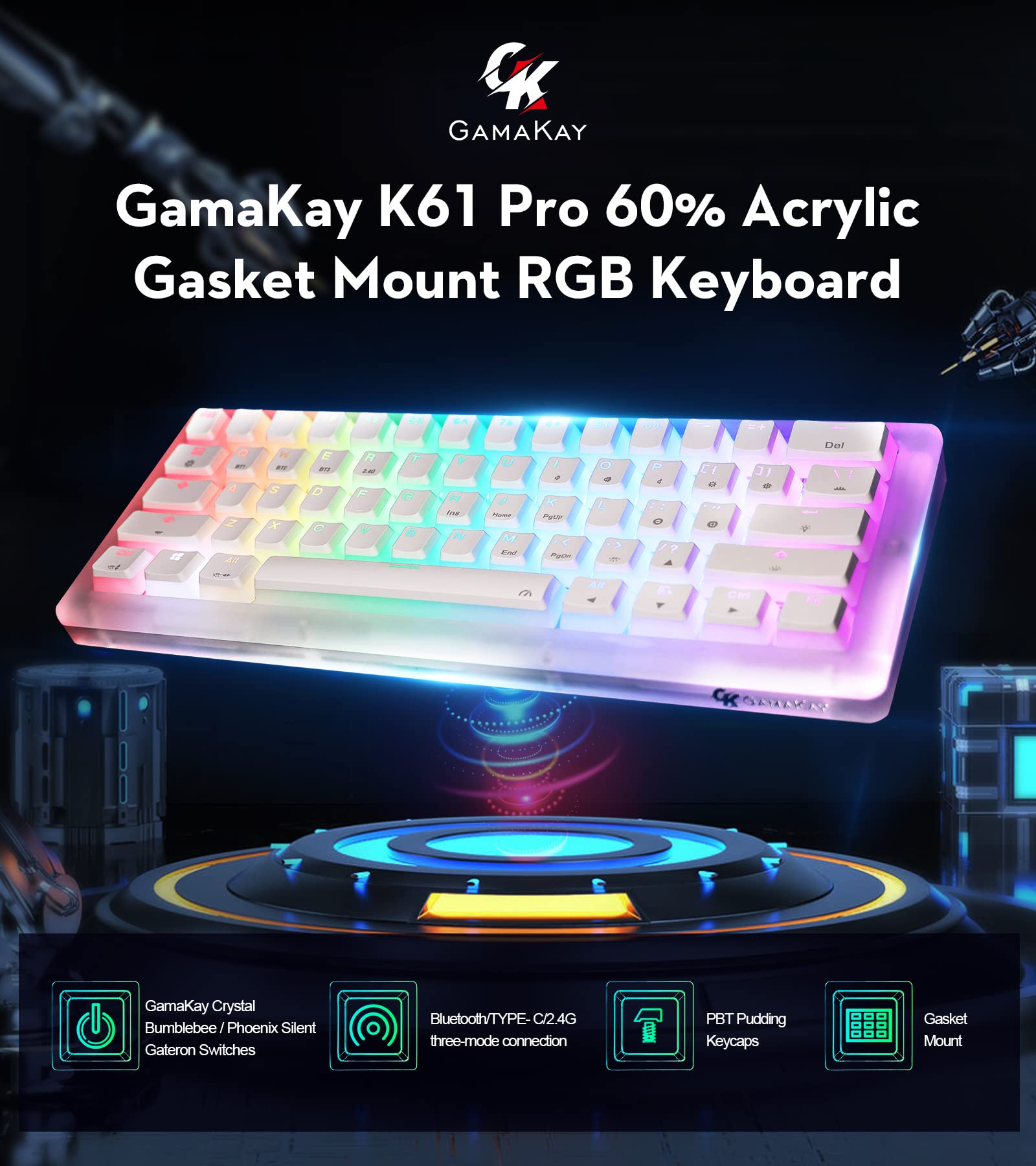 GK GAMAKAY K61 Pro 60% RGB Gasket Mechanical Keyboard, Bluetooth/USB-C Wired/2.4GHz Wireless 61 Keys Hot Swap Gaming Keyboard with CNC Acrylic Base Pudding PBT/ABS Keycaps (Red Switch)