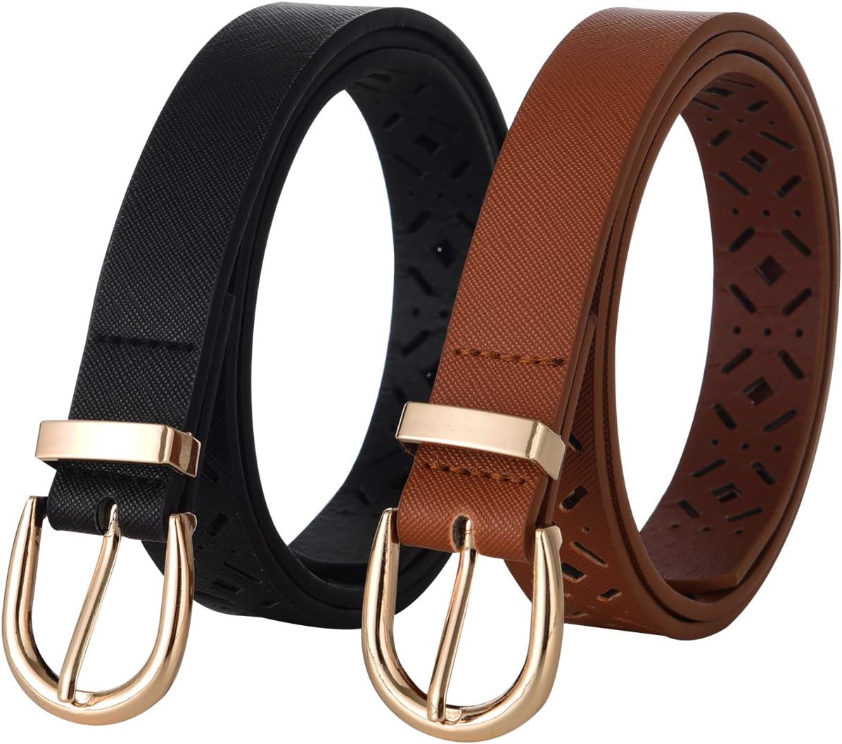 Women Belt 2 Pack Waist Skinny Dress Belts Gold Solid Pin Buckle Belt for Jeans Pants