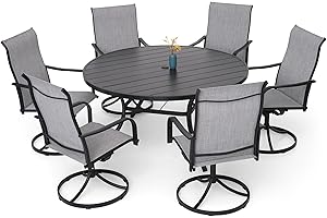 Nixtopia Patio Dining Set 7 with 58" Round Table and Cambered Armrest Light Grey Swivel Chairs Dining Chairs for 6 Person