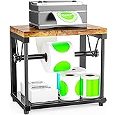 ATSKIM Label Holder for Rolls and Fan-Fold Labels, Wooden Sticker Dispenser for Desktop Thermal Printer, Sticker Roll Holder Organizer, Shipping Label Stand for Home, Office, Small Business (Black)