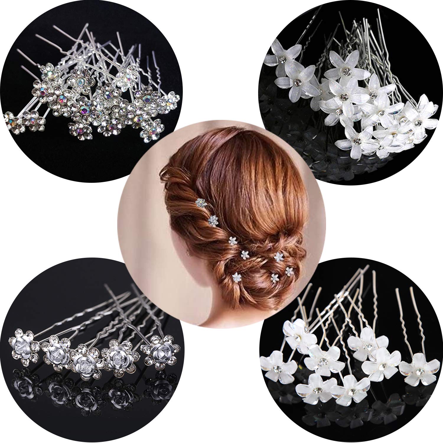 INSPUTOL 20Pcs Wedding Hair Pins for Women - U Shaped Bridal Hair Accessories with Crystal Flower Design, White Diamond Rose Hair Pins for Brides, Bridesmaids, and Wedding Guests