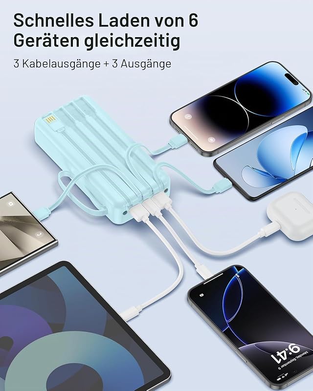 Powerbank 27000mAh mit 4 integrierten Kabel, 30W USB C Schnellladefunktion