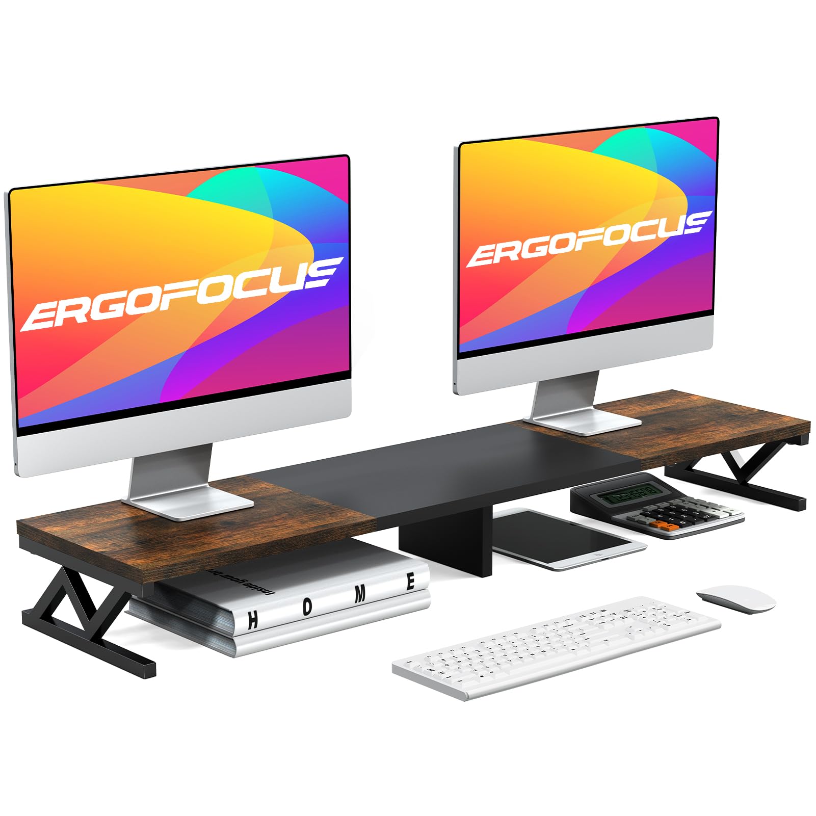 Photo 1 of ErgoFocus Dual Monitor Stand Riser, Large Wood Monitor Riser for 2 Monitors, Monitor Lift with Storage for Desk, Sturdy Wood&Steel Multi Screen Stand, Desktop Organizer Monitor Stand for Computer