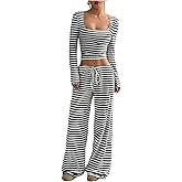 Floerns Women's 2 Piece Outfit Striped Square Neck Long Sleeve Crop Tops and Pants Set
