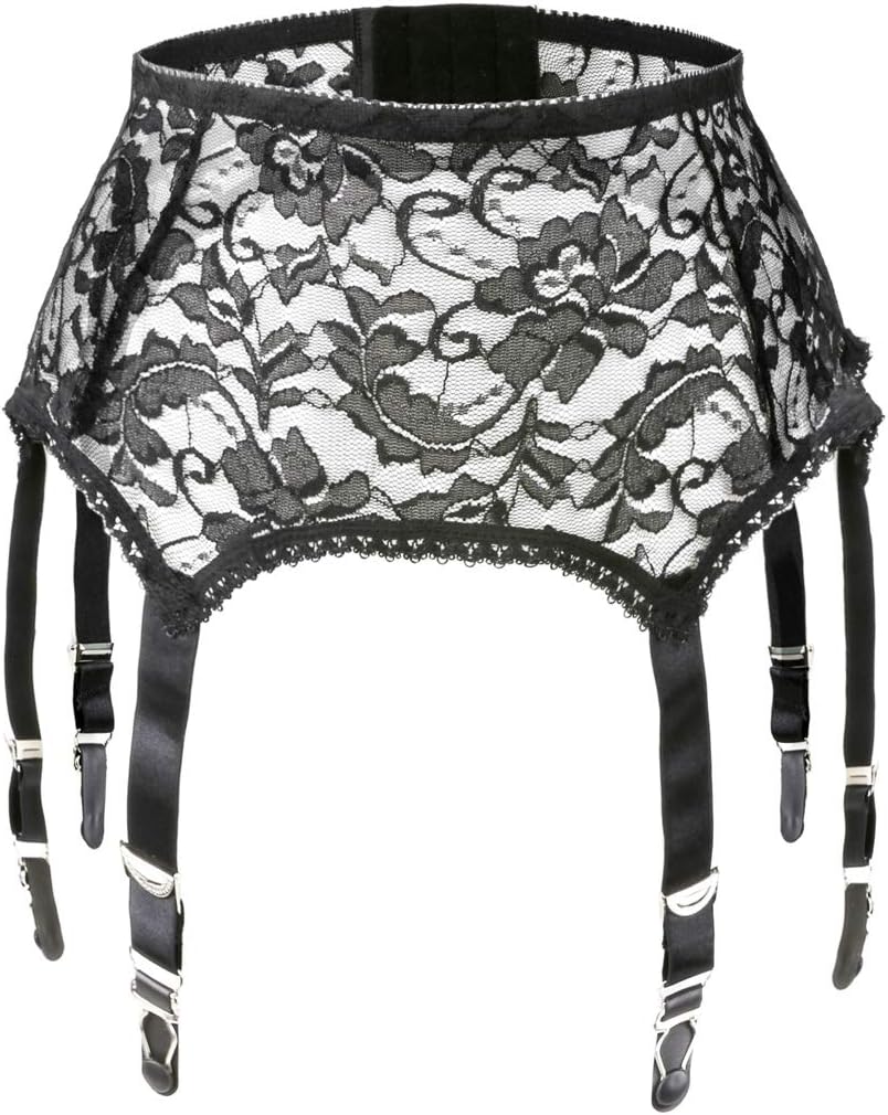 Slocyclub Mesh Lace Garter Belt with 6 Vintage Straps Adjustable Metal Clip for Woman Thigh High Stockings
