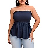 winkbay Women's Plus Size Peplum Tube Top Summer Strapless Shirred Flowy Cute Vacation Tops