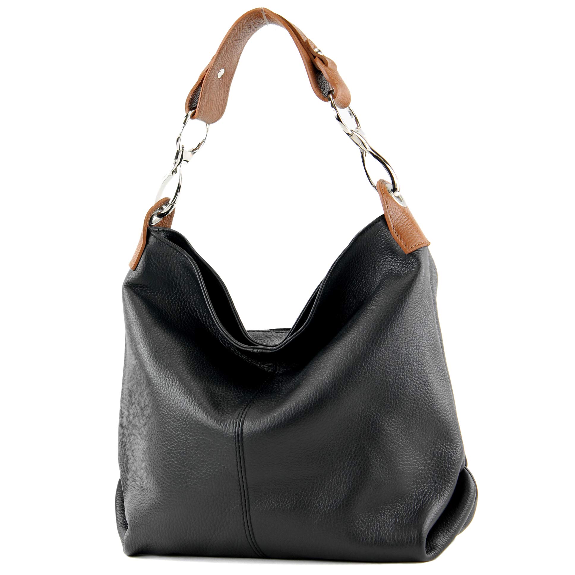 modamoda de - ital. Leather bag Shoulder bag Ladies bag Shoulder bag Leather T168, Colour:Black/cognac