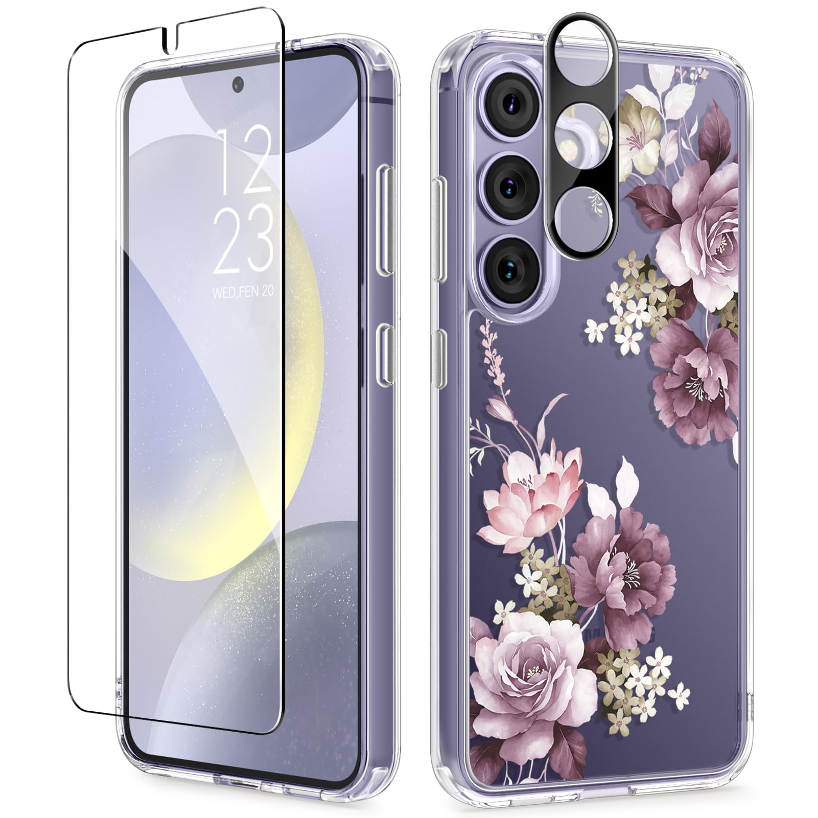 Photo 1 of GVIEWIN Compatible with Samsung Galaxy S24 Plus Case Floral, with Screen&Camera Lens Protector,Hard PC&TPU Bumper Clear Shockproof Protective for S24 Plus Case Women 6.7"(Cherry Blossoms/Purple)