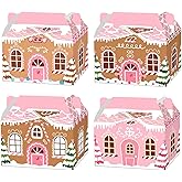 CIEOVO 24 Pcs Pink Christmas Treat Boxes with Handles 3D Gingerbread House Goodie Candy Boxes Xmas Gable Paper Gift Containers for Christmas Xmas Cookie Snack Candy Present Party Favor Supplies