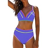 popvil High Waisted Bikini Sets for Women Tummy Control Swimsuits Neon Two Piece V Neck Drawstring Bathing Suits 2026