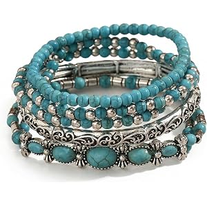 Western Bracelets for Women - Boho Turquoise Beaded Stackable Bracelet Set | |Country Concert Jewelry|Vintage Western Jewelry