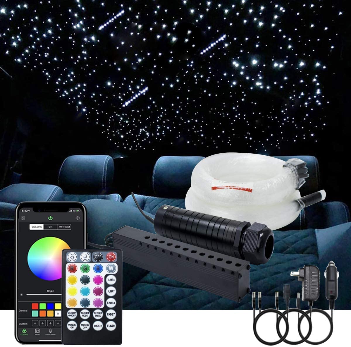 Callsky 6W Car Twinkle App Fiber Optic Shooting Star Ceiling Light Kit，RGBW APP Music+Optical Fiber Cable 450pcs*0.03in*9.8ft+Meteor in Fiber Optic Lights Kit with Adapter+Cigarette Lighter