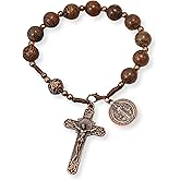 Nazareth Store Wood Beads One Decade Rosary Handmade Pocket Car Mirror with Saint Medal and Jesus Cross in Antique Bronze Wooden Travel Friendly Rosary