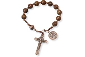 Nazareth Store Wood Beads One Decade Rosary Handmade Pocket Car Mirror with Saint Medal and Jesus Cross in Antique Bronze Wooden Travel Friendly Rosary
