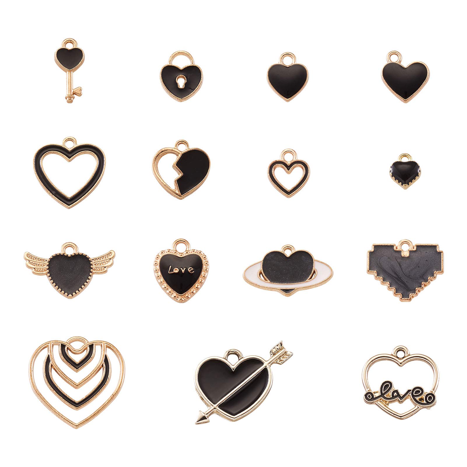 Beadthoven 60pcs Heart Black Enamel Heart Charms Gold Plated Alloy Love Heart Dangle Pendants for Wedding Necklace Earring Jewelry Making