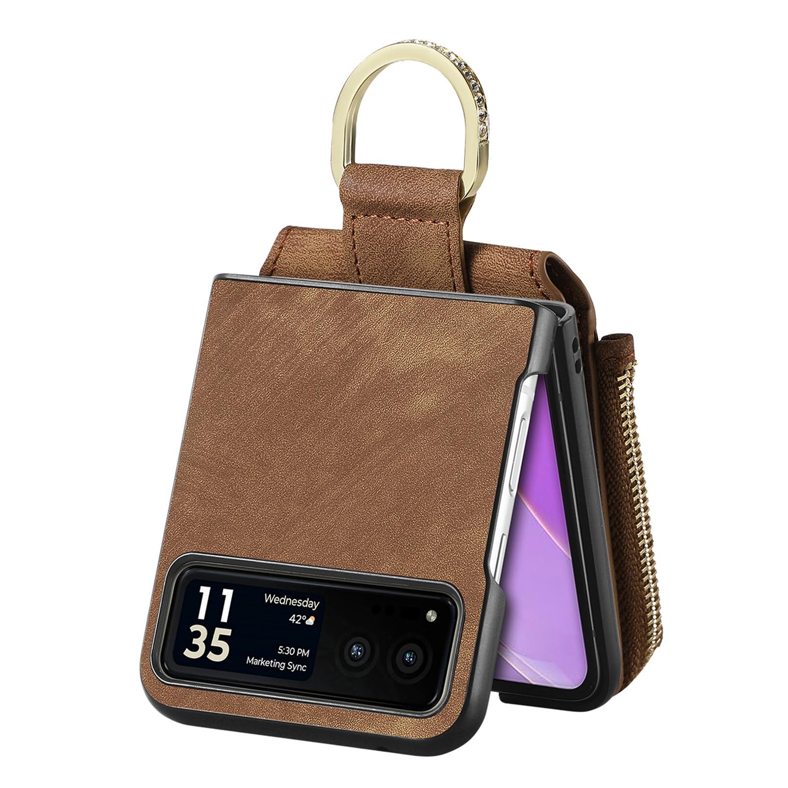 COQUE Shell Motorola Razr 40 Protective Cover,Magnetic Folding Zipper Wallet Card Slot Mobile Phone Leather Case for Motorola Razr 40-Brown