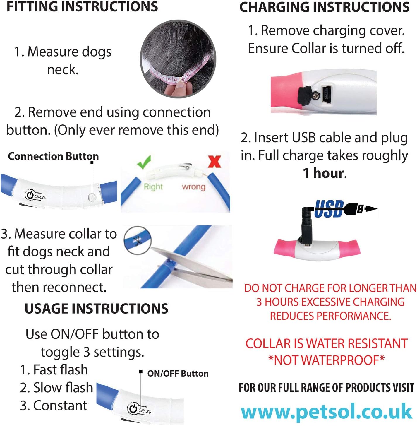 PetSol LED Dog Collar Extra Bright USB Rechargeable, Fits All Dogs, 20cm to 70cm, Easy CutTo