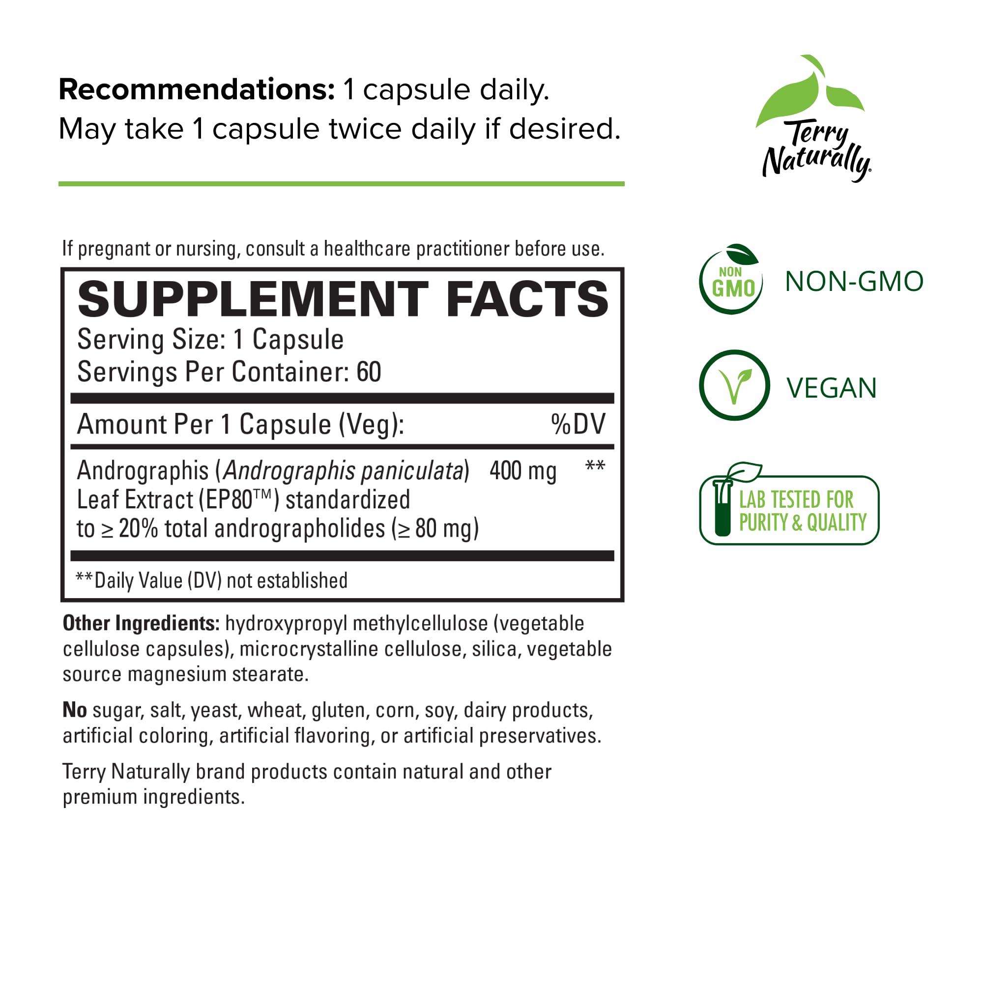 Terry Naturally Andrographis EP80 Extra Strength - Brain Health & Immune Support - Joint Health Supplement to Aid Mobility - Vegan Adaptogen Supplement for Energy & Liver Support - 60 Capsules