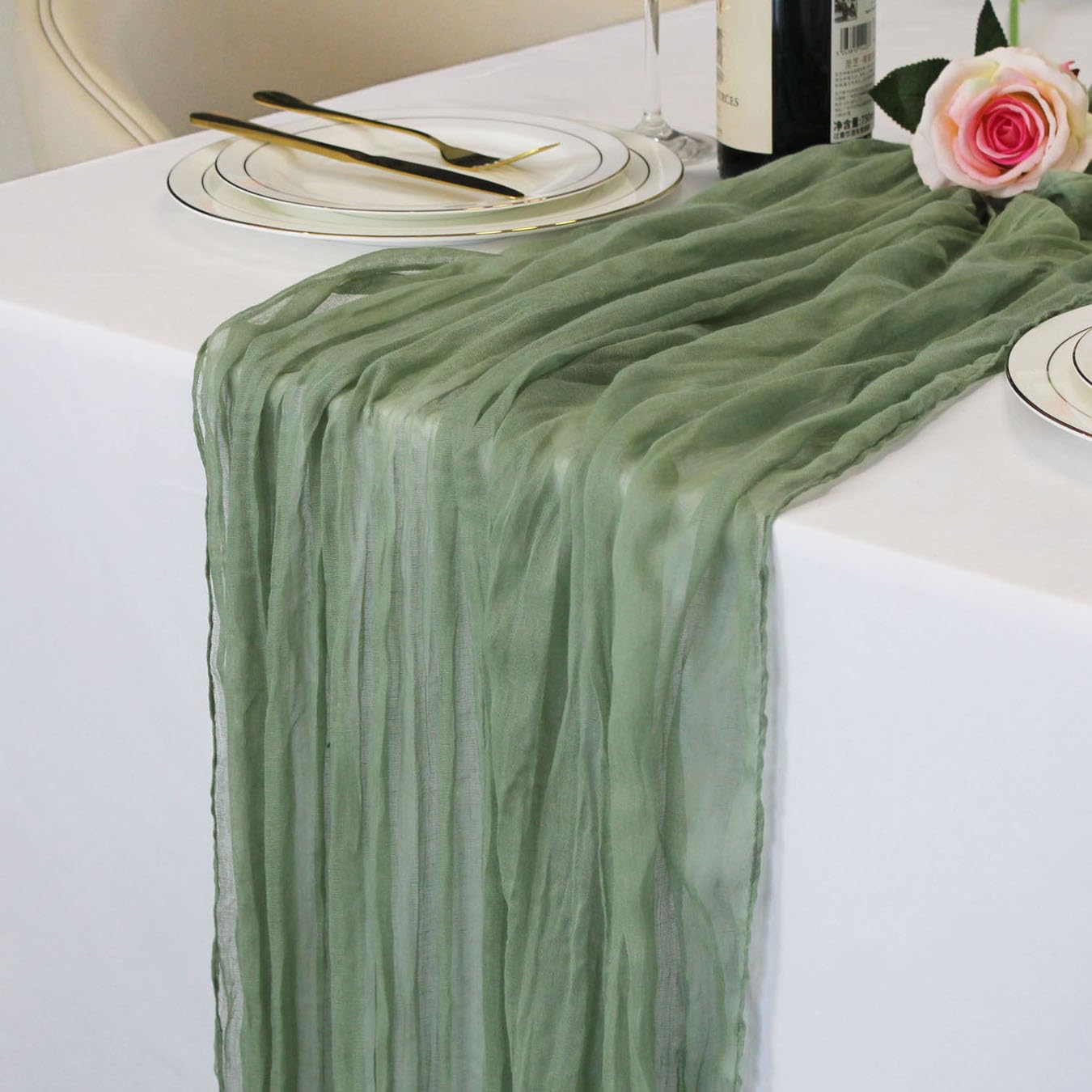 Photo 1 of LuxeLouise 2 Packs Cheesecloth Table Runner 120 Inch Sage Green Cheese Cloth Table Runner 10ft Chiffon Gauze Table Runners for Table Decor Birthday Party Baby Shower and Bridal Shower Decorations