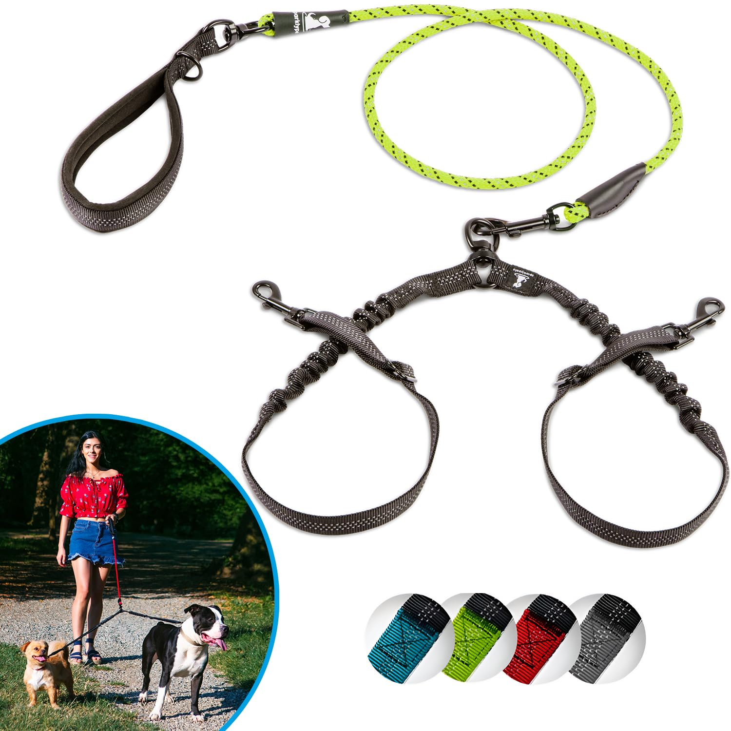 SparklyPets Dual Dog Leash for 2 Small Dogs – Tangle Free Rope Bungee Double Leash for Two Small Breeds with Adjustable Couplers & Soft Handle (Green, S)